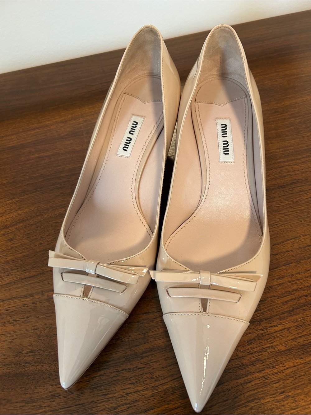 Miu Miu Patent Nude Pointed-Toe Flats with Bow Accent